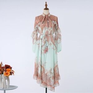 Designer-Style Floral Midi Dress in Mint and Coral Paisley Pattern